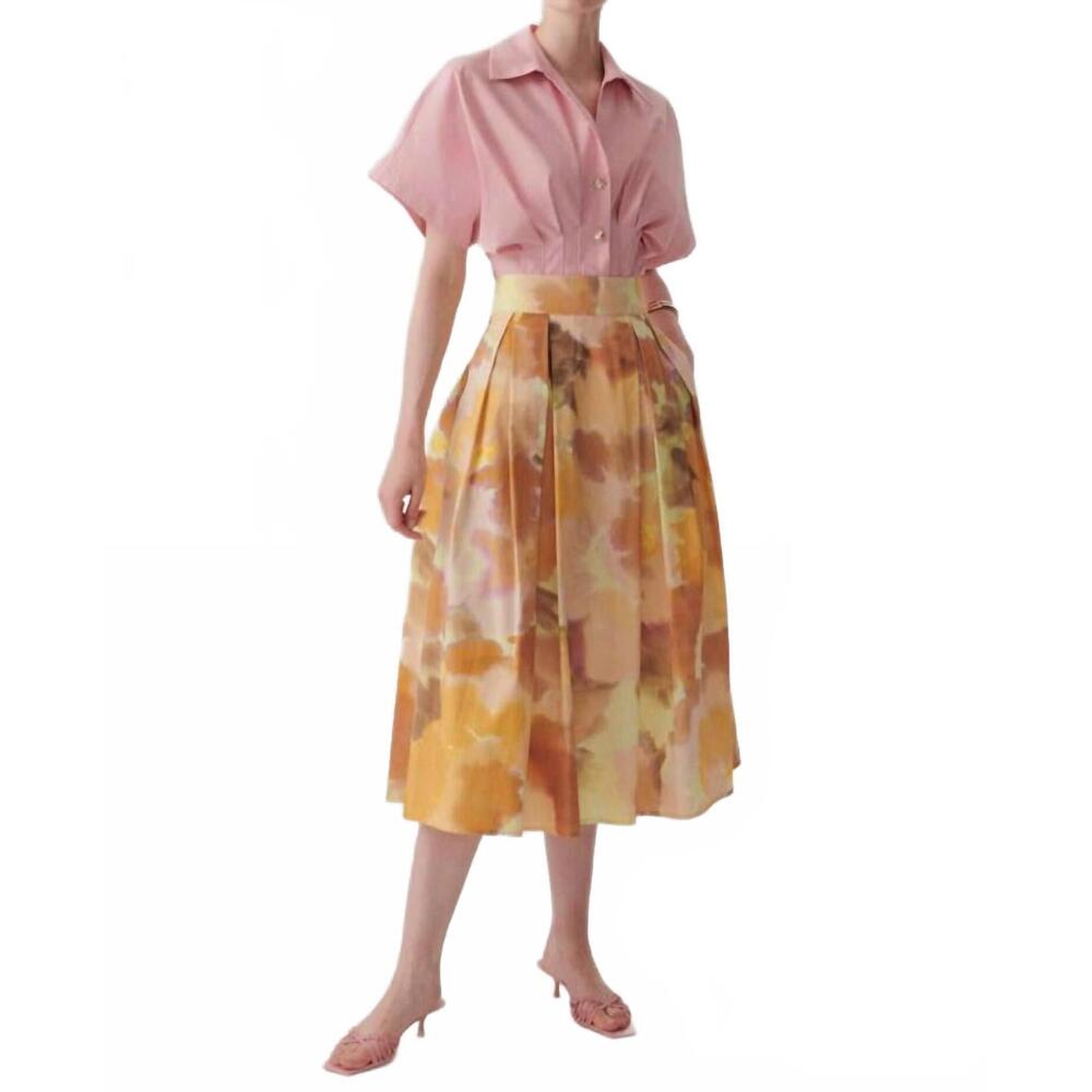 NEW EXQUISE valentina watercolor print pleated midi skirt in multi color